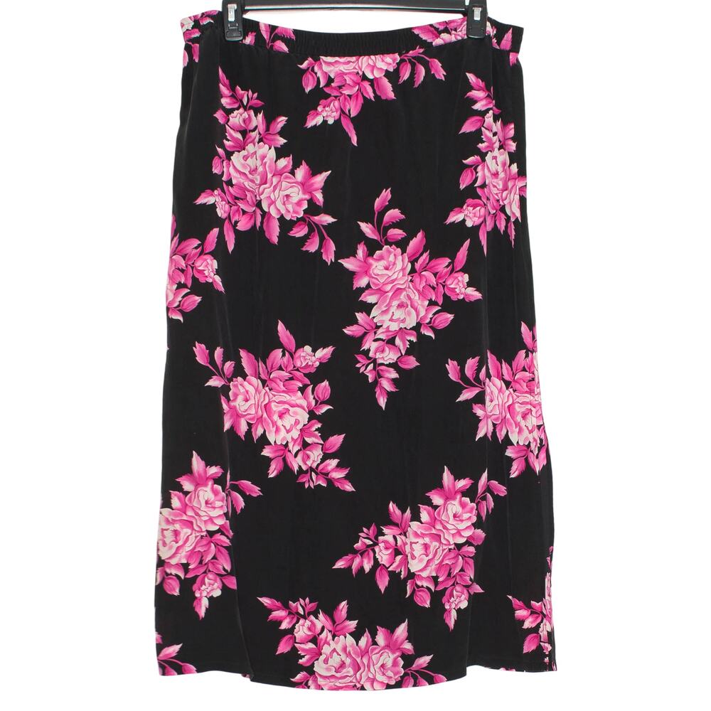 Vintage Diane Gilman Silk Floral Maxi Skirt Black Pink Lightweight Plus Size 1X
